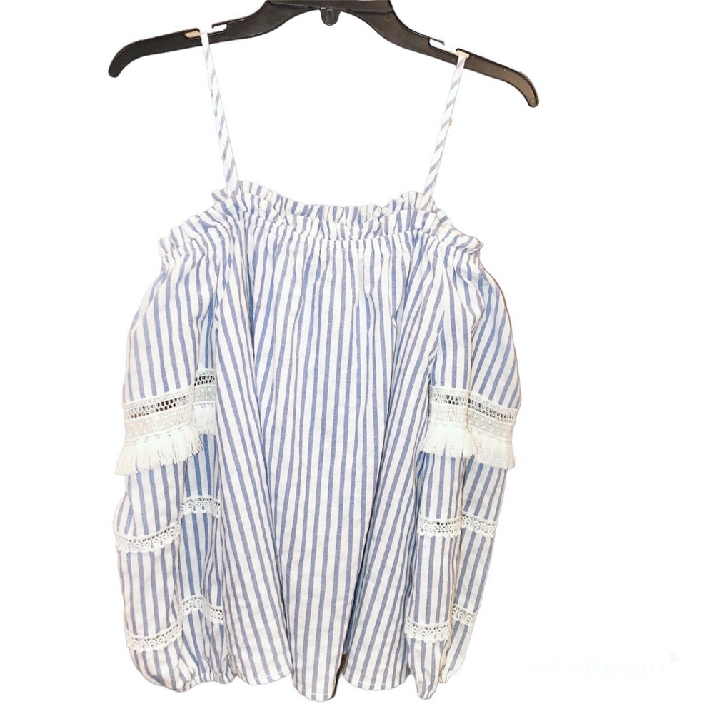 SugarLips Boho Cold Shoulder Tassel Lace Stripe Top Blue White XS